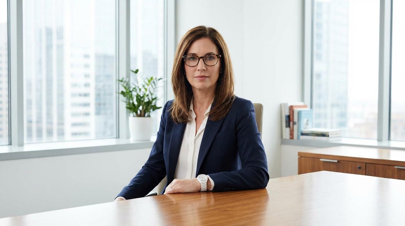 Professional woman in navy blazer wearing Anne Klein optical frames and ceramic watch