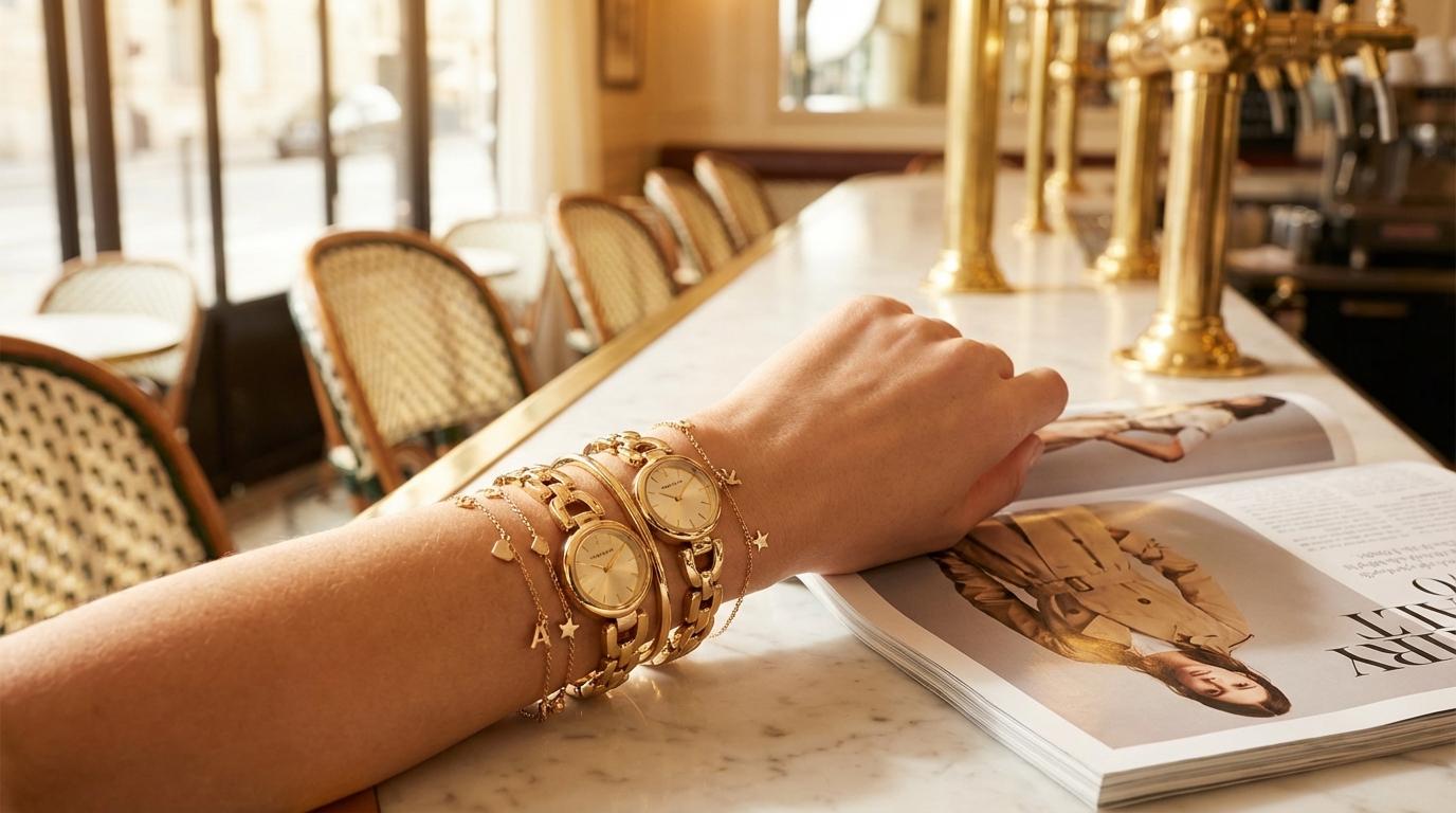 Close-up of woman wearing stacked Anne Klein gold-tone bangle watches and bracelets