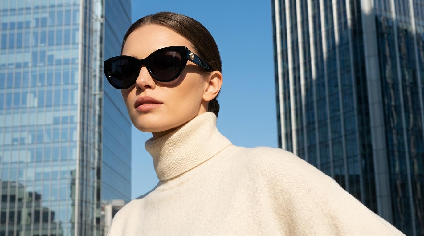 Woman in urban setting wearing oversized Anne Klein cat-eye sunglasses