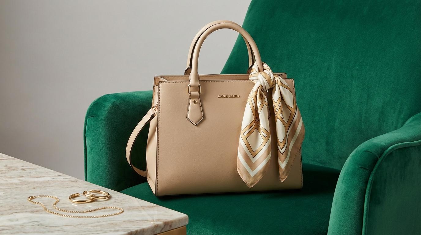 Structured beige Anne Klein leather satchel with gold-tone pearl earrings and necklace