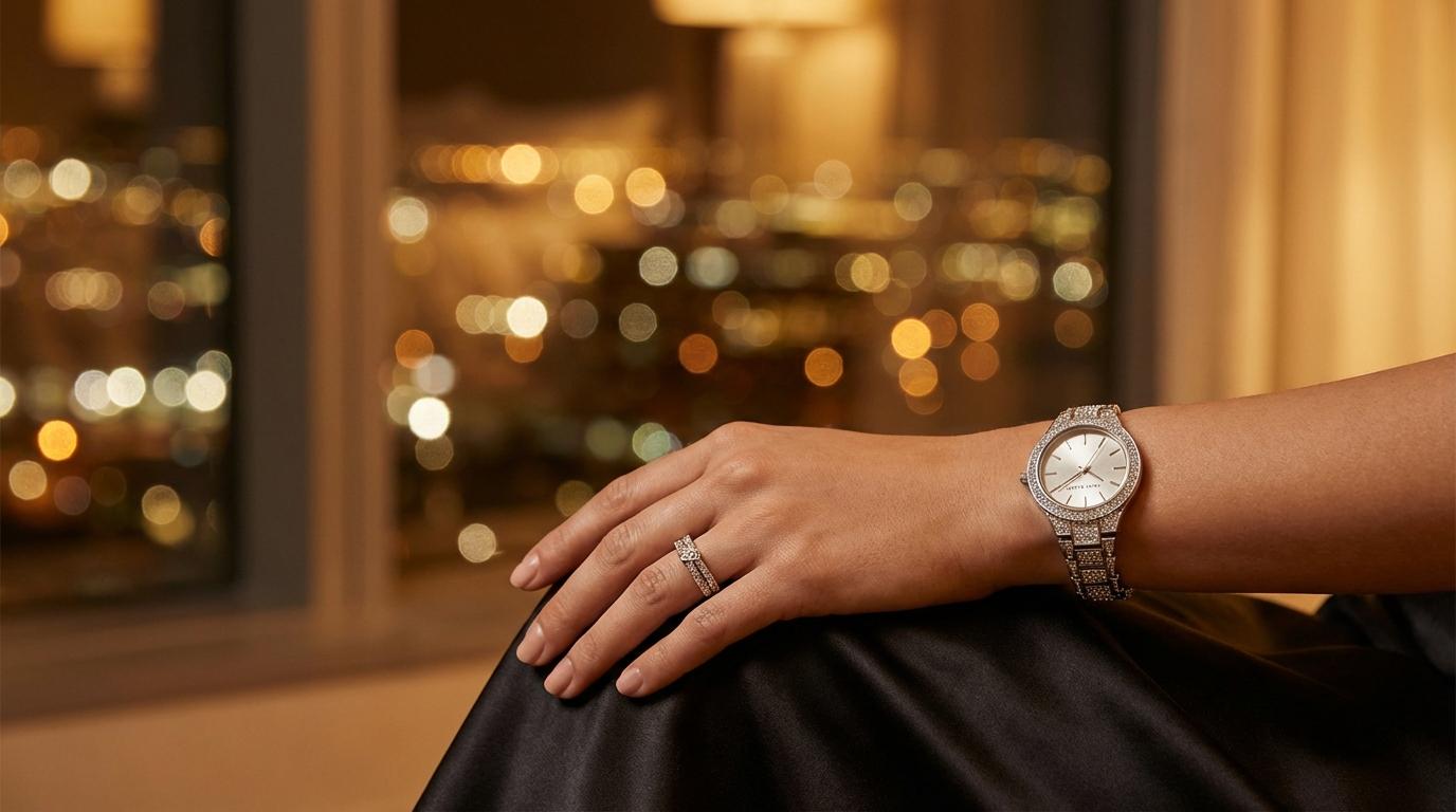Woman wearing crystal-accented Anne Klein watch against a city skyline at dusk